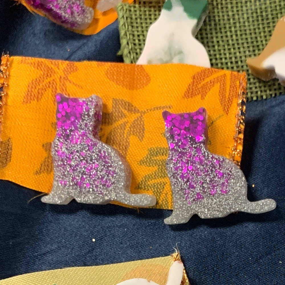Cat Glitter Earrings Handmade, Fuchsia & Silver